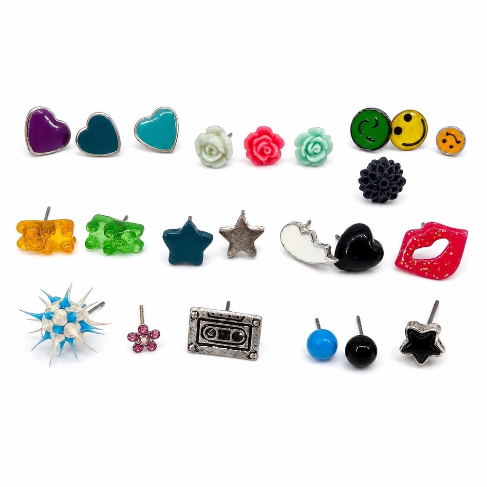 23pc Lot Y2K Gummy Bear Smiley Face Heart Star Multicolor Novelty‎ Stud Earrings